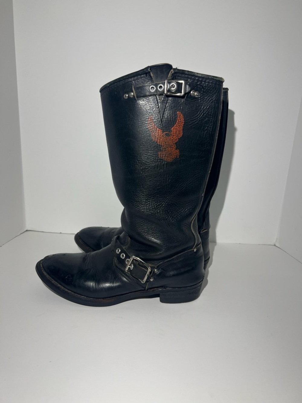 Vintage 1990’sHarley-Davidson Black Leather Harness Boots with Brown Eagle Patch